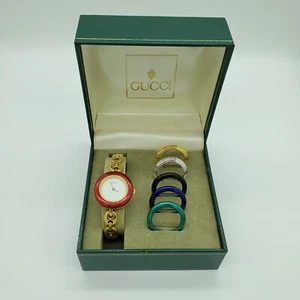 GUCCI Cambio Lunetta Quadrante 6 Colori Orologio Donna Oro Bracciale Catena Maglia FUNZIONANTE - Foto 1 di 5