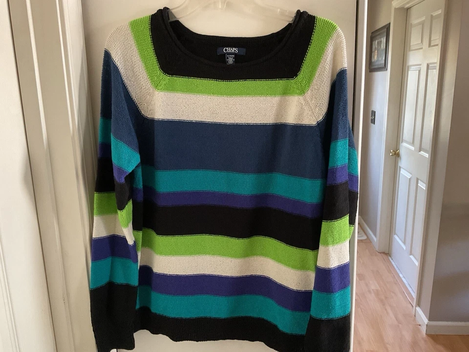 Chaps By Ralph Lauren Sweater Cotton Blue Aqua White Green Striped Size XL - Image 1 of 4