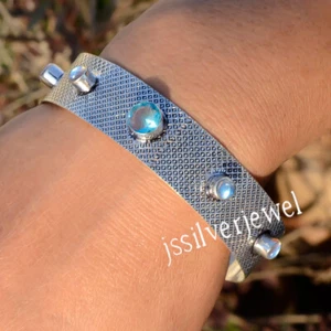Blue Labradorite & London Blue Topaz Gemstone 925 Sterling Silver Fancy Bangle - Picture 1 of 5