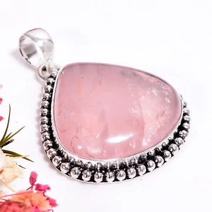Quarzo Rosa Gemma Vintage Handmade 925 Ciondolo Placcato Argento 1.8 " GM9079 - Foto 1 di 6