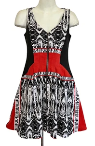 CUE Dress orange black print stretch cotton size 10 A line front zip Y2K On Sale - Picture 1 of 4