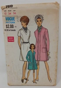 Vogue 1969 Sew Pattern #7513 One Piece Dress & Coat Size 12 Bust 34 Hip 36 Uncut - Picture 1 of 2