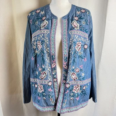 Chaqueta J Jill Bordada Cambray Para Mujer 2x Frente Abierto Boho Coastal Abuela Usada en Excelente Condición Foto 1 de 4