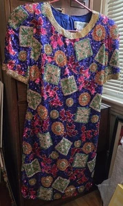 Black Tie Oleg Cassini Neiman Marcus Kleid geometrisch Pailletten bunt Größe 4 - Bild 1 von 4