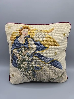 Almohada punta de aguja ángel estrellas doradas marfil vino terciopelo cremallera trasera 9"x9" Foto 1 de 4