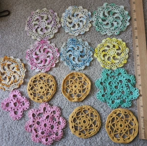 Vintage Handmade Coasters 14 Round Embroidered Colorful Doilies 3"-4" & Daily Sh - Picture 1 of 7