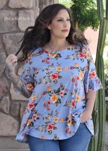 USA New PLUS SIZE Womens BUTTERY SOFT BLUE FLORAL RUFFLE SHIRT TUNIC 1X 2X 3X - Picture 1 of 5