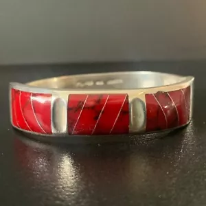 Taxco Mexiko Sterlingsilber geometrisch roter Edelstein-Inlay Armband Größe 7 Vintage - Bild 1 von 12