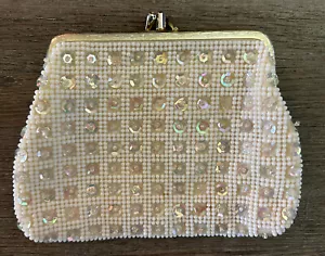 Bolso sin asas vintage con cuentas marfil iridiscente lentejuelas detalles pequeño 2 compartimentos 6,5x5 - Imagen 1 de 7