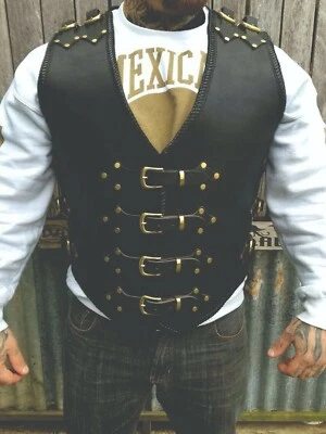 Men New Heavy Buckled Rocker Biker Motorcycle Genuine Cow Black Leather Vest - Image 1 of 3
