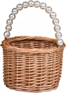 Wicker Rattan Flower Girl Basket - Pearl Handle Wedding and Home Decor - Picture 1 of 12