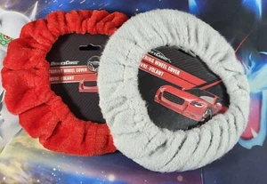 Lot Of 2 Driver's Choice Steering Wheel Cover 1 Red ! Grey Plush Easy On - Picture 1 of 1
