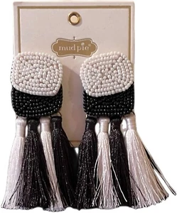 Mud Pie Women's Beaded Black & White Tassel Earrings-Pierced/Hypoallergenic NWT - Picture 1 of 5