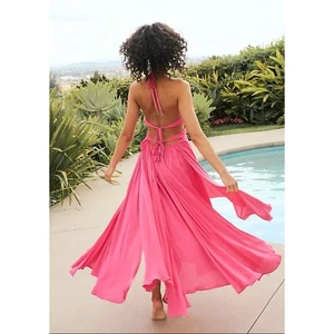 Nuevo Maxi Vestido Free People Lille Playa Halter Fluido Largo Boho Rosa Grande - Imagen 1 de 9
