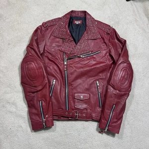Mission Jacket Mens Medium Dark Red Full Zip Belted Genuine Leather Spikes Punk - Picture 1 of 17