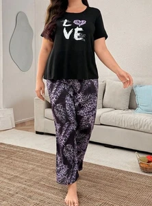 PYJAMA PLUS SIZE 18 BLACK HEART ANIMAL PRINT PANTS STRETCH LOUNGEWEAR COMFORT - Picture 1 of 3