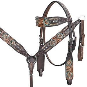 HILASON Western Horse Floral Headstall Breast Collar Set Leather Tan | Tack for - Picture 1 of 8