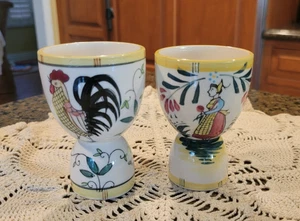 Rooster and Floral & Dutch Woman Pottery Double Egg Cup - set of 2 - Picture 1 of 3