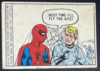 Tarjetas Donruss de superhéroe de Marvel 1966 # 34—¡1ª aplicación/tarjeta de novato de Spider-Man! Foto 1 de 3