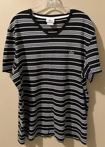 Lacoste T Shirt Homme X Large 7 Noir Blanc Rayé Col V Preppy Ecole Été - Photo 1/9