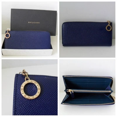 BVLGARI Cartera Larga Tarjeta Guijarro Firma Azul Real Italiano Cuero de Becerro EC Foto 1 de 4