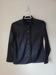 Lands End Cotton Blouse Womens 14 Black Ruffle Longsleeve Work Party Uniform - Picture 1 of 9