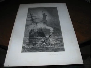 1890 Art Print ENGRAVING -  TUG BOAT in NEW YORK CITY Harbor w STATUE of LIBERTY - Picture 1 of 4