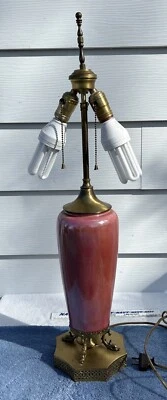 Antique Tall Table Lamp Double Pull Chain Dolphins Base Salmon Rose Color Luster - Image 1 of 4