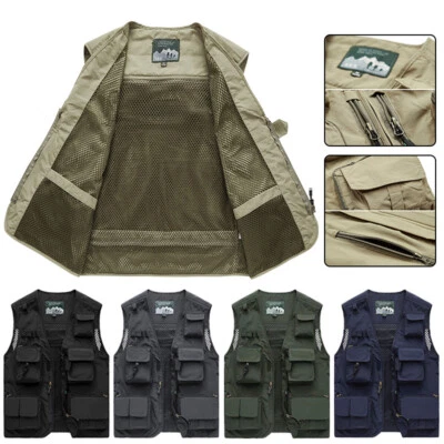 Mens Cargo Multi Pocket Utility Vest Fishing Hiking Camping Gilet Waistcoat Tops - Image 1 of 4