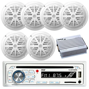 Pyle 1DIN Marine Boat Bluetooth USB Input CD Radio, 6x White 6.5" Speakers, Amp - Picture 1 of 5