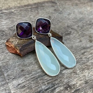 925 Solid Sterling Silver Wedding Jewelry Chalcedony And Purple Amethyst Earring - Imagen 1 de 5