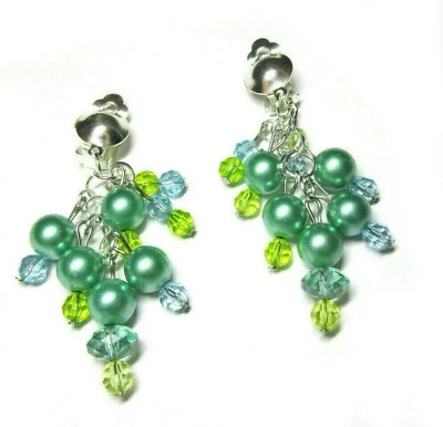 Ohrclips Clips grün - blau silberf opulent ca 7 cm - Bild 1 von 4