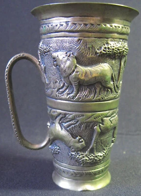 1800/1900年代印度缅甸银色双跳跳虎Repousee动物和树木场景 — 第 1/4 张图片