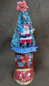 Assemblage Decor Handmade w/ Tree, Vintage Santa Boot Ornament & Santa Cake Top - Picture 1 of 11