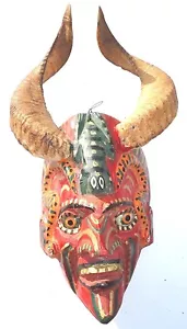 Mexican Folks Art old Carved Wood Devil Diablo Mask with Ram Horns & glass eyes - Picture 1 of 12