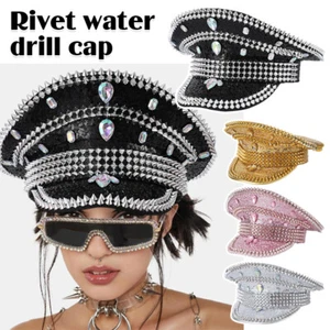 Women Captain Hat Military Cap Shinny Rhinestone Cap Festival Music Party Hat - Picture 1 of 16