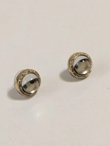 Gold Tone & Mirror Reflective Glass Stud Earrings. Textured Edge. Modern. 1/2" - Picture 1 of 12