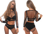 Women Festival Outfit Fishnet Suit 2 Piece Set Crop Top Sexy Panties See Through