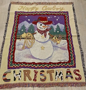 Cowboy Snowman Christmas Throw Blanket 51x62 Afghan Tapestry Andrea Tachiera - Picture 1 of 3
