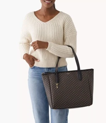 Bolso de Mano Fossil Sydney XL Signature Negro Marrón Cartera SHB2816015 Latón $230 Foto 1 de 3