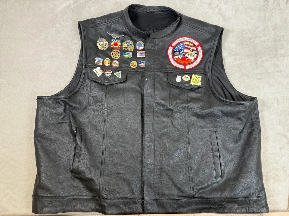 Винтажный мотоциклетный жилет FMC из натуральной кожи - черный с булавками Goldwing размер 8X - Изображение 1 из 4