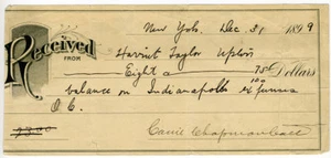 Carrie Chapman Catt Signed 1899 Receipt to Suffragette Harriet Taylor Upton - Picture 1 of 1