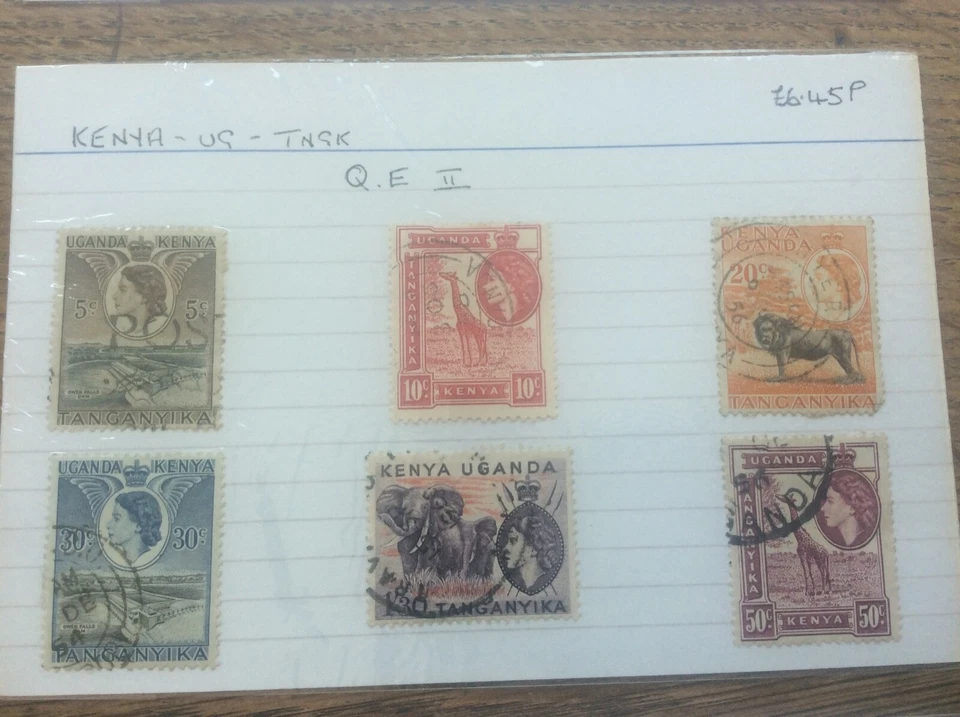 5 Stamps Queen Elizabeth ll Uganda Kenya Tanganyika Africa Lion Giraffe Elephant - Image 1 of 1