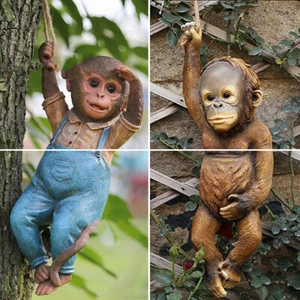 Monkey Hanging Decor Garden Ornament Chimp Hang Rope Figure Statue Sculpture US - Picture 1 of 14