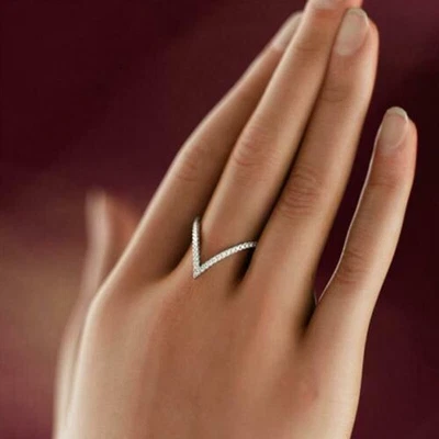 2CT Round Diamond Chevron Wedding Band Ring In 14K White Gold Plated Simulated - Image 1 of 4