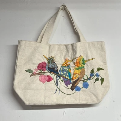 Hand Stitched Crewel Embroidery Hummingbird Birds Tote Bag Tan Canvas 13.5 x 9.5 - Image 1 of 4