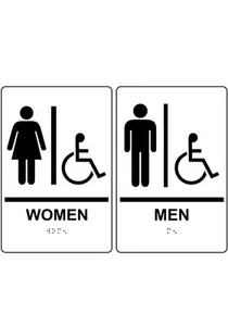 Juego de letreros de baño ADA Braille HOMBRE MUJER 9x6 acrílico blanco - pelar y pegar - Imagen 1 de 3