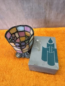 K1•Vintage Partylite Hydrangea Stained Glass Retired Candle Holder Bronze Base - Picture 1 of 12