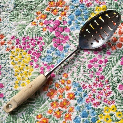 Vintage Ecko Slotted Cooking Spoon, Chrome, Wooden Handle USA 12" Farmhouse - Image 1 of 4