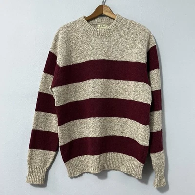 Suéter Vintage LL Bean Para Hombre Grande Beige Borgoña Rayas Lana Hecho en EE. UU. Años 80 Foto 1 de 4